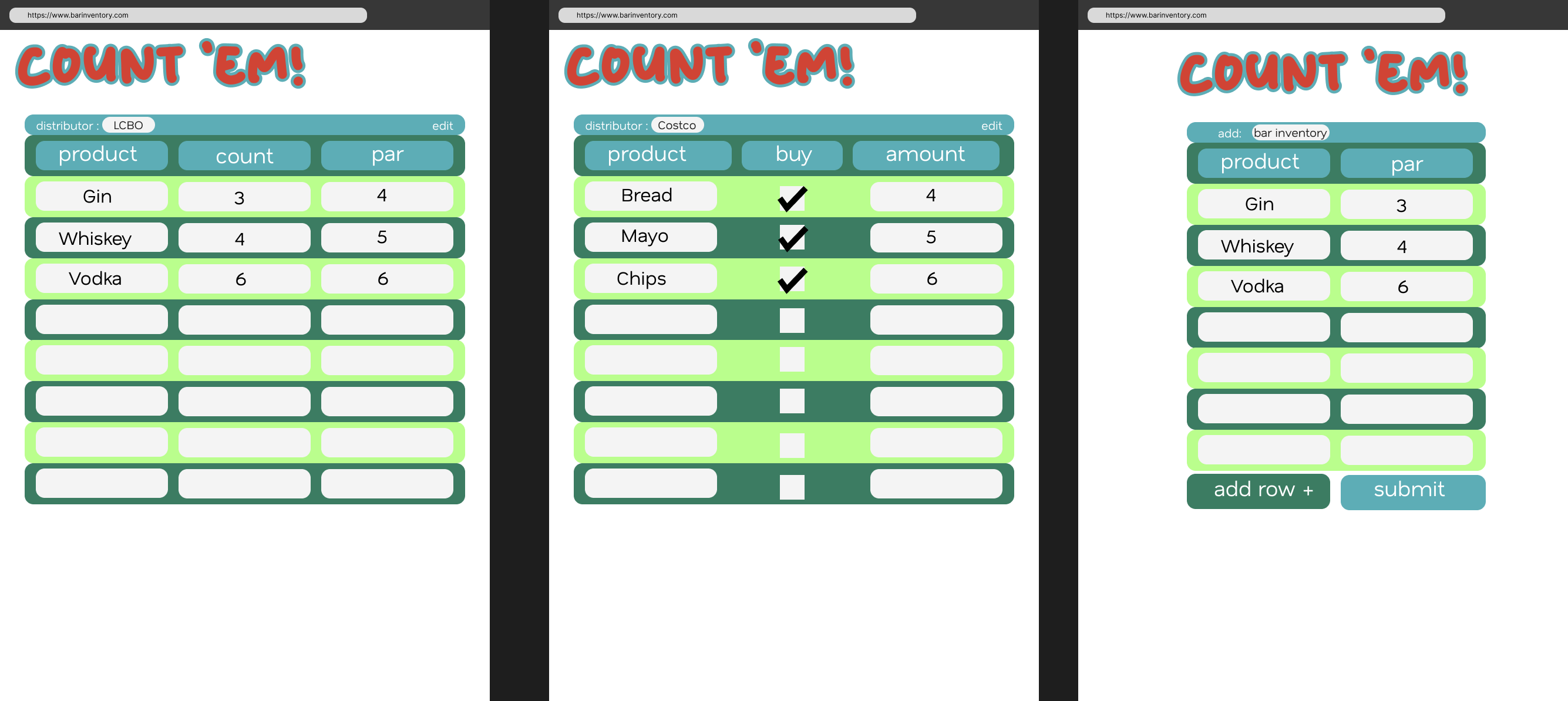 Three screens of the Count 'Em! app: a bar liquor count with product, count, and par columns; a Costco kitchen buy-check list; and a form for adding a new inventory item